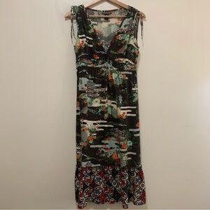 Lucky Brand Vintage Asian Garden Print Multicolor Floral Midi Dress size xs